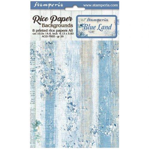 Stamperia Selection of 8 A6 Rice Paper Backgrounds Blue Land